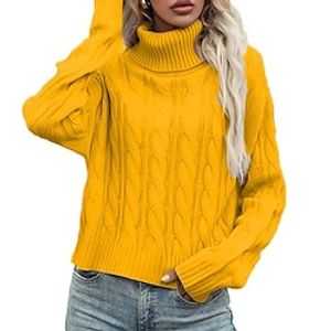 Women's Pullover Sweater jumper Jumper Cable Knit Knitted Pure Color Turtleneck Stylish Casual Outdoor Daily Winter Fall Purple Yellow S M L / Long Sleeve / Holiday / Regular Fit / Going out miniinthebox