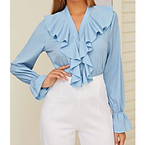 Women's Blouse Shirt Plain Ruffle Button V Neck Business Basic Fashion Tops Light Blue miniinthebox