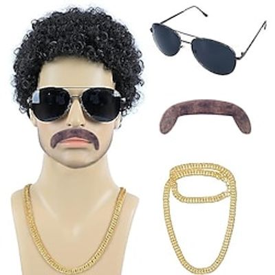 70s 80s Afro Wig for Men with Mustache Glasses and Chain Short Black Curly Disco Wig for Men Retro Costume Cosplay Halloween Party miniinthebox