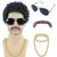 70s 80s Afro Wig for Men with Mustache Glasses and Chain Short Black Curly Disco Wig for Men Retro Costume Cosplay Halloween Party miniinthebox - thumbnail