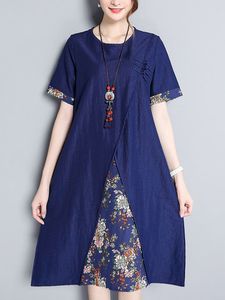 Women Short Sleeve O-neck Patchwork Vintage Dresses