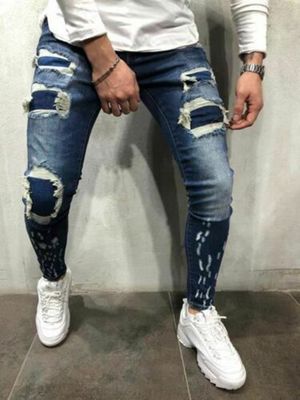 Men Fashion Washed Retro Ripped Hole Patch Skinny Fit Jeans Men Fashion Washed Retro Ripped Hole Patch Skinny Fit Jeans