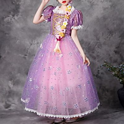 Kids Little Girls' Dress Graphic Snowflake A Line Dress Party Birthday Ruched Mesh Lace Purple Maxi Short Sleeve Princess Cute Dresses Fall Summer Regular Fit 3-10 Years miniinthebox