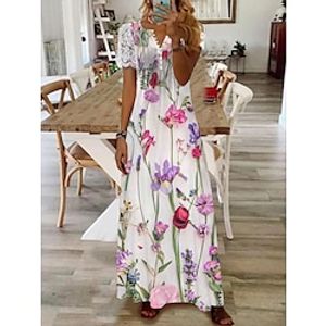 Women's Floral Lace Pleated Dresses Long Dress Maxi Dress A Line Dress Print Dress SpringDress Floral Modern Date Vacation Weekend Short Sleeve V Neck Dress Yellow Red Blue Summer Spring S M L Lightinthebox
