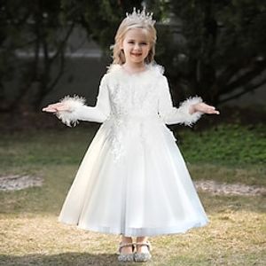 Kids Girls' Party Dress Solid Color Long Sleeve Formal Wedding Birthday Adorable Princess Sweet Polyester Fall Winter 2-12 Years Red plus velvet hairband White fleece hair hoop White Lightinthebox