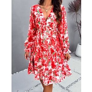 Women's Sheath Dress Chiffon Dress Floral Tie Dye Patchwork Elastic Waist V Neck Bishop Sleeve Mini Dress Tropical Stylish Party Street Long Sleeve Slim Pink Red Blue Summer Spring S M L XL Lightinthebox