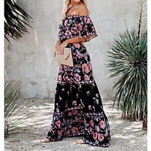 Women's Swing Dress Maxi long Dress Black background Short Sleeve Print Spring Summer Casual / Daily 2021 S M L XL XXL XXXL miniinthebox