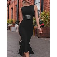 Women's Party Dress Black Dress Cocktail Dress Wedding Guest Dress Midi Dress Sleeveless Pure Color Ruched Fall Winter Autumn Crew Neck Fashion 2023 S M L XL Lightinthebox - thumbnail