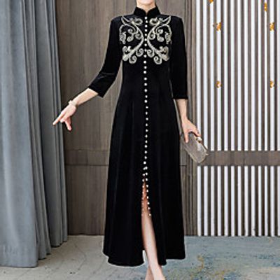 Women's A Line Dress Maxi long Dress Black Long Sleeve Floral Embroidery Embroidered Split Velvet Spring Stand Collar Elegant Vintage Traditional 2021 S M L XL XXL 3XL miniinthebox
