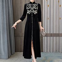 Women's A Line Dress Maxi long Dress Black Long Sleeve Floral Embroidery Embroidered Split Velvet Spring Stand Collar Elegant Vintage Traditional 2021 S M L XL XXL 3XL miniinthebox - thumbnail