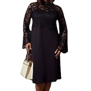 Women's Plus Size Lace Dress Solid Color Crew Neck Long Sleeve Fall Winter Stylish Work Formal Knee Length Dress Formal Work Dress Lightinthebox