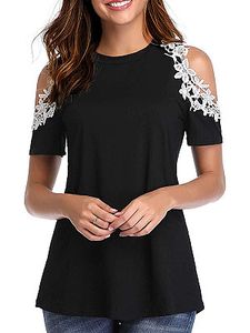 Round Neck Patchwork Lace Short Sleeve T-shirt