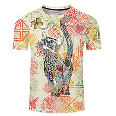 Men's Unisex Tee T shirt 3D Print Cat Graphic Prints Animal Plus Size 3D Print Print Short Sleeve Casual Tops Basic Designer Big and Tall Light Yellow Green  Gray Gray  Navy Lightinthebox