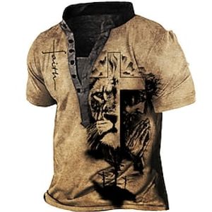 Men's T shirt Tee Henley Shirt Tee 3D Print Graphic Animal Plus Size Stand Collar Daily Sports Button-Down Print Short Sleeve Tops Designer Basic Casual Big and Tall Brown  Summer Lightinthebox