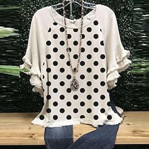 Women's Plus Size Tops T shirt Floral Polka Dot Tassel Ruffle Short Sleeve Crewneck Streetwear Daily Vacation Polyester Spring Summer White Blue / Print miniinthebox