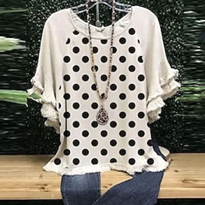 Women's Plus Size Tops T shirt Floral Polka Dot Tassel Ruffle Short Sleeve Crewneck Streetwear Daily Vacation Polyester Spring Summer White Blue / Print miniinthebox