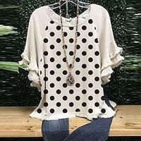 Women's Plus Size Tops T shirt Floral Polka Dot Tassel Ruffle Short Sleeve Crewneck Streetwear Daily Vacation Polyester Spring Summer White Blue / Print miniinthebox - thumbnail