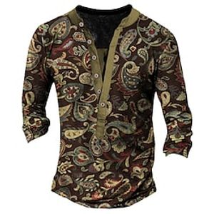 Men's T shirt Tee Henley Shirt Tee Graphic Tribal Henley Green Red Brown Black 3D Print Outdoor Christmas Long Sleeve Button-Down Print Clothing Apparel Basic Designer Classic Comfortable miniinthebox