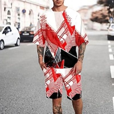 Men's T-shirt Suits Tennis Shirt 3D Print Graphic Patterned Geometry Crew Neck Street Daily Print Short Sleeve Tops 2pcs Lightweight Basic Essential Casual Fashion Black Blue Red  Summer Lightinthebox
