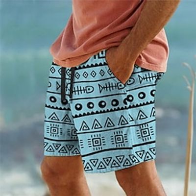 Men's Sweat Shorts Beach Shorts Terry Shorts Drawstring Elastic Waist 3D Print Geometry Breathable Soft Short Daily Streetwear Cotton Blend Ethnic Style Casual Black White Micro-elastic Lightinthebox