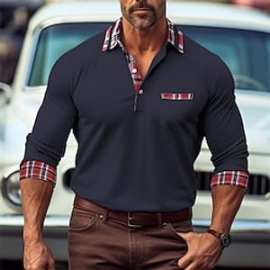 Men's Polo Shirt Button Up Polos Casual Sports Lapel Long Sleeve Fashion Basic Plaid Color Block Patchwork Pocket Spring   Fall Regular Fit Black White Navy Blue Light Blue Polo Shirt Lightinthebox