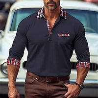 Men's Polo Shirt Button Up Polos Casual Sports Lapel Long Sleeve Fashion Basic Plaid Color Block Patchwork Pocket Spring   Fall Regular Fit Black White Navy Blue Light Blue Polo Shirt Lightinthebox - thumbnail