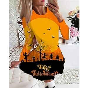 Women's Casual Dress Swing Dress Short Mini Dress Blue Yellow Wine Orange Gray Long Sleeve Plaid Skull Pumpkin Print Fall Winter Crew Neck Vacation Casual Halloween 2022 S M L XL 2XL 3XL 4XL 5XL 6XL Lightinthebox