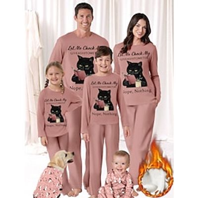 Matching Family Pajamas Fleece Lined Cat Print Lounge Sets Animal Cat Active Simple Casual Home Daily Going out Polyester Warm Crew Neck Long Sleeve T shirt Tee Pant Pocket Fall Winter Pink Lightinthebox