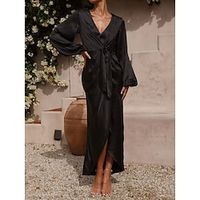 Women's Black Dress Prom Dress Party Dress Satin Dress Long Dress Maxi Dress Black White Pink Long Sleeve Pure Color Lace up Spring Fall Winter V Neck Fashion Winter Dress Birthday Lightinthebox - thumbnail