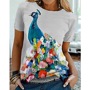 Women's Floral Theme Painting T shirt Graphic Print Round Neck Basic Tops Gray Lightinthebox