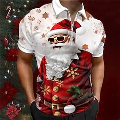 Santa Claus Men's Casual Print 3D Zip Polo Golf Polo Outdoor Daily Wear Streetwear Christmas Polyester Short Sleeve Turndown Zip Polo Shirts White Gray Autumn / Fall S M L Micro-elastic Lapel Polo miniinthebox
