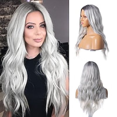 Long Wavy Wigs Ombre Platinum Blonde Wig for Women Middle Part Curly Wigs 26 Inches Gray Wigs White Blonde Full Wigs Ash Silver Wigs for Daily Party Cosplay Halloween miniinthebox
