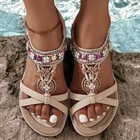 Women's Sandals Boho Bohemia Beach Retro Vacation Beach Travel Rhinestone Buckle Beading Flat Heel Bohemia Vacation Comfort Microbial Leather Elastic Band Almond Dark Brown Royal Blue Lightinthebox