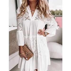 Women's Casual Dress Lace Dress White Dress Mini Dress Lace Patchwork Work Street Date Elegant Streetwear V Neck Long Sleeve Loose Fit White Color S M L XL XXL Size Lightinthebox