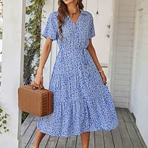 Women's Swing Dress Floral Dress Midi Dress Green Black Blue Short Sleeve Floral Ruffle Spring Summer V Neck Mature Loose Fit 2022 S M L XL miniinthebox