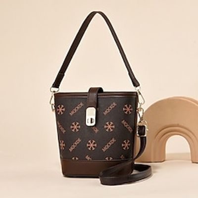 Women's Handbag Shoulder Bag Bucket Bag PU Leather Shopping Daily Buttons Durable Letter Earth Yellow Dark Brown Light Pink Lightinthebox