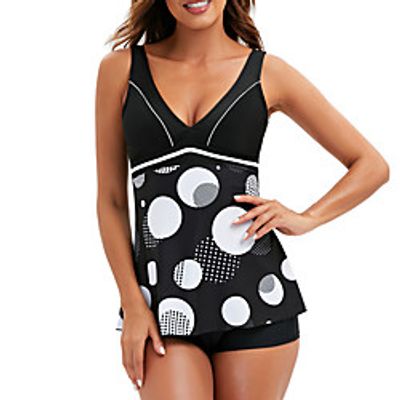 Women's Swimwear Tankini 2 Piece Plus Size Swimsuit Open Back Print Dot Black Tunic Plunge Bathing Suits New Vacation Fashion / Modern / Padded Bras miniinthebox