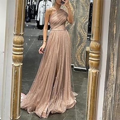 A-Line Evening Gown Glittering Dress Wedding Prom Court Train Sleeveless One Shoulder Tulle with Glitter Ruched Appliques 2023 Lightinthebox
