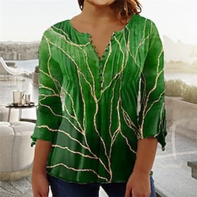 Women's Plus Size Tops Blouse Shirt Floral Color Gradient Button Print 3/4 Length Sleeve V Neck Casual Daily Vacation Cotton Spandex Jersey Fall Winter Green Blue miniinthebox
