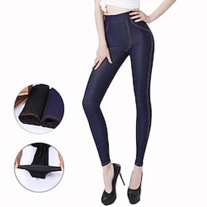 Women's Fleece Pants Tights Pants Trousers Trousers Faux Denim Royal Blue Black High Waist Fashion Daily Going out Stretchy Full Length Tummy Control Solid Color XL XXL  Skinny Lightinthebox