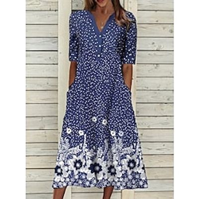 Women's A Line Dress Midi Dress Navy Blue Half Sleeve Floral Polka Dot Ruched Print Spring Summer V Neck Stylish Vacation 2022 S M L XL XXL 3XL Lightinthebox