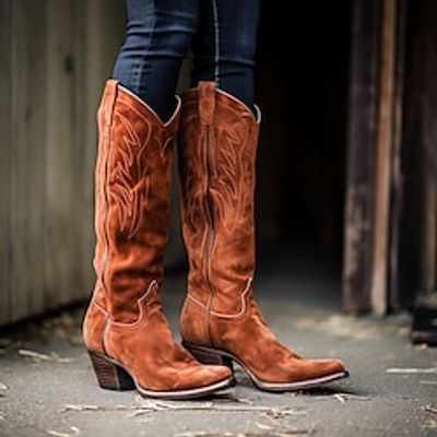 Women's Boots Biker boots Cowboy Boots Outdoor Daily Mid Calf Boots Zipper Block Heel Flat Heel Round Toe Punk Vacation Vintage Faux Suede Zipper Camel Black Brown miniinthebox