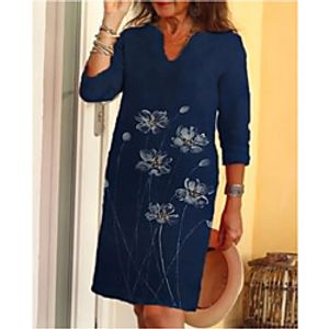 Women's Shirt Dress Knee Length Dress Dark Blue Long Sleeve Floral Fall Casual 2021 S M L XL XXL 3XL miniinthebox