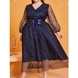 Women's Plus Size Party Dress Swing Dress Polka Dot Long Dress Maxi Dress Long Sleeve Lace up Mesh V Neck Modern Party Dark Blue Fall Spring L XL XXL 3XL 4XL Lightinthebox