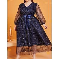 Women's Plus Size Party Dress Swing Dress Polka Dot Long Dress Maxi Dress Long Sleeve Lace up Mesh V Neck Modern Party Dark Blue Fall Spring L XL XXL 3XL 4XL Lightinthebox - thumbnail