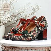 Women's Heels Pumps Handmade Shoes Vintage Shoes Wedding Party Valentine's Day Floral Block Heel Elegant Vintage Cloth T-Strap Black / Red Lightinthebox