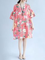 Casual Floral Print Stripe Horn Sleeve Loose V-neck Women Dresses