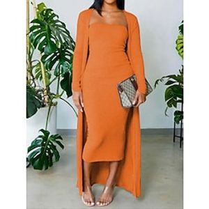 Women's Two Piece Dress Set Casual Dress Sheath Dress Outdoor Daily Fashion Casual Patchwork Midi Dress Strapless Long Sleeve Plain Slim Black Wine Camel Fall Winter S M L XL XXL Lightinthebox