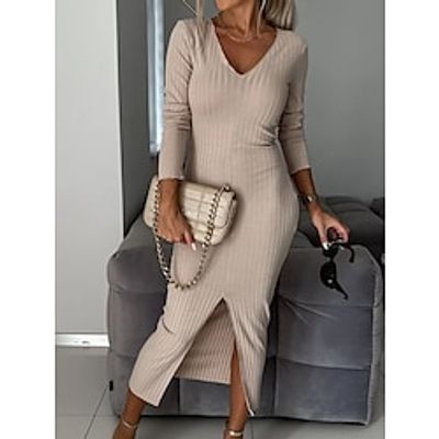 Women's Casual Dress Sweater Dress Bodycon Midi Dress Fashion Plain Outdoor Daily Vacation Going out V Neck Long Sleeve 2023 Regular Fit Black Green khaki S M L XL XXL Lightinthebox