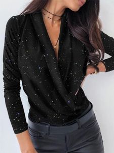 Glitter Plain Deep V Neck Long Sleeves Blouse